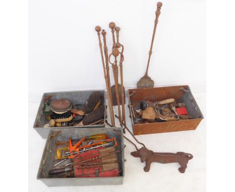 Three two-handled stackable trays containing various tools