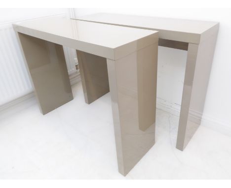 A pair of modern designer side/console tables painted in light grey (100cm long x 33cm deep x 78.5cm high)