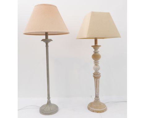 A wooden table lamp and shade with turned tapering fluted stem, together with a metal example (2)