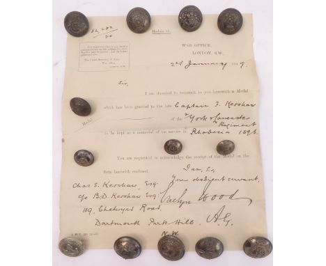 Thirteen mostly late 19th century tunic buttons and War Office document 'Medals 16' (02/01/1899) relating to the Rhodesia Med
