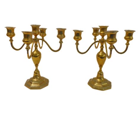 A modern pair of five-light brass candelabra: baluster-shaped stem and on slightly spreading octagonal base (28.5 cm high)&nb