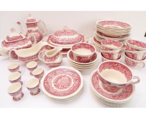 A Mason's 'Vista' pattern service comprising:teapot and coffee pot;6 teacups and 7 saucers;1 large teacup;1 oval dish 33.5 cm