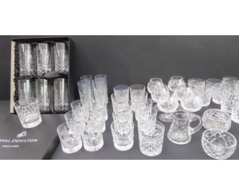 Cut glassware comprising:a boxed set of six Royal Doulton highballs (15 cm high);5 sets of tumblers (6, 6, 6, 5 and 4); 6 x 1