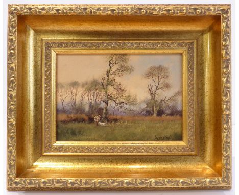 **James Wright (British, Lincolnshire, b.1935) - 'One Man and His Dog' - oil on board signed 'James Wright' lower right (12 x