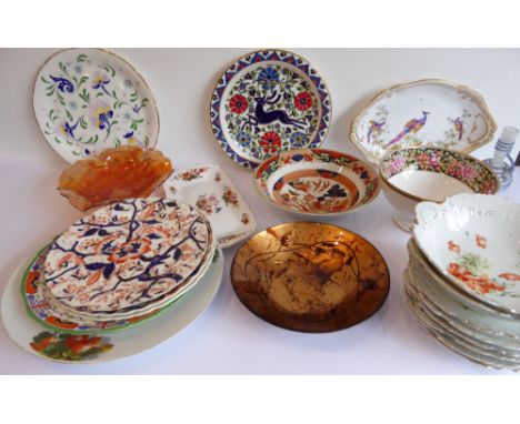 Various ceramics including bowls, dishes, plates and a fine Spode Bone China boat-shaped dish decorated in the Chelsea bird p