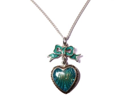 A silver and enamel pendant of bow and heart shape, on later silver chain