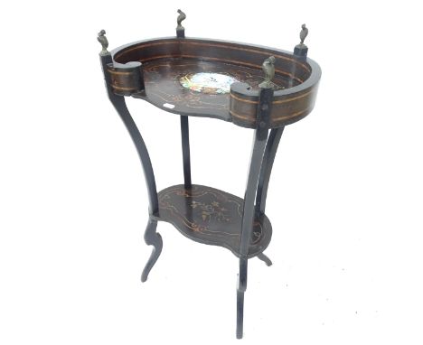 A Victorian ebonised 2-tier wash stand, with inset tile-top and painted decoration, W49cm, H84cm, D35cm 