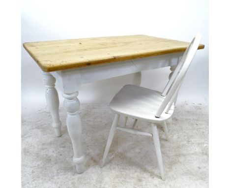 A small pine farmhouse kitchen table on turned legs, L106cm, H74cm, D68cm, and a white painted stick-back dining chair (2) 