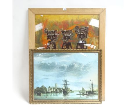 A large African batik stylised figures, overall 105cm x 86cm, framed, and coloured print, ships at anchor, framed (2) 
