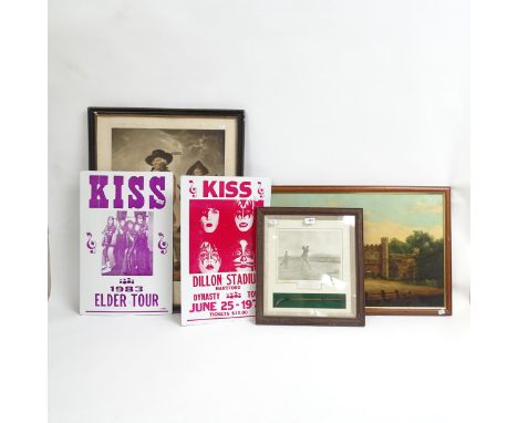 A 19th century Pears print, 2 Kiss advertising posters, and a framed golfing photograph (4) 
