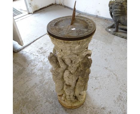 A garden sundial on concrete stand, in the form of the Three Graces, W28cm, H90cm 