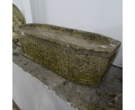 A weathered concrete rectangular garden planter, L75cm, H22cm, D28cm 