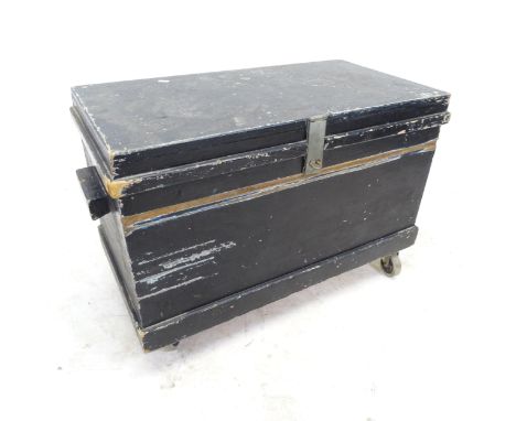 An Antique stained painted pine toolbox, with a variety of hand tools 