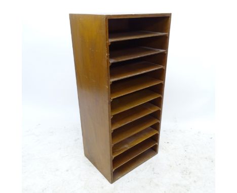 A Vintage plywood filing cabinet, with 9 removeable shelves, W40cm, H89cm, D31cm 