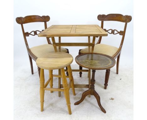 A teak square-top folding garden table, W58cm, H74cm, a pair of Regency style mahogany dining chairs, a mahogany circular-top