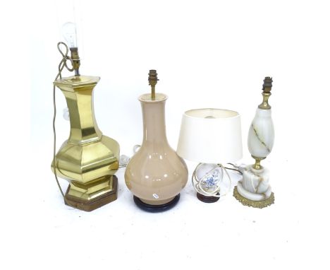 An alabaster turned table lamp and shade, a ceramic glazed table lamp and shade, a brass table lamp on oak stand, and a Chine