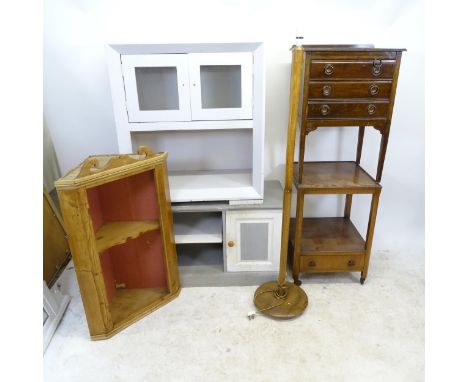 A mahogany square-top lamp table, with single fitted drawer, W38cm, H70cm, a painted pine TV stand, L108cm, H58cm, D42cm, a m