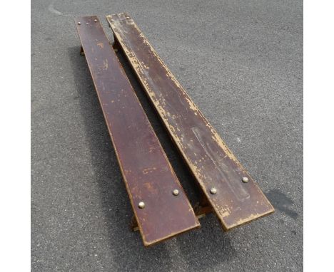 A pair of Vintage school gymnasium benches, L266cm, H31cm, D26cm 