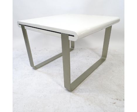 A mid-century style square-top coffee table, on sled base, W70cm, H51cm 