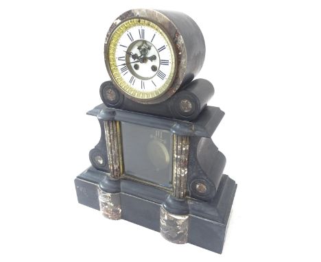 A large early 20th century black slate and marble architectural 8-day mantel clock, with drum movement, W39cm, H47cm, D18cm, 