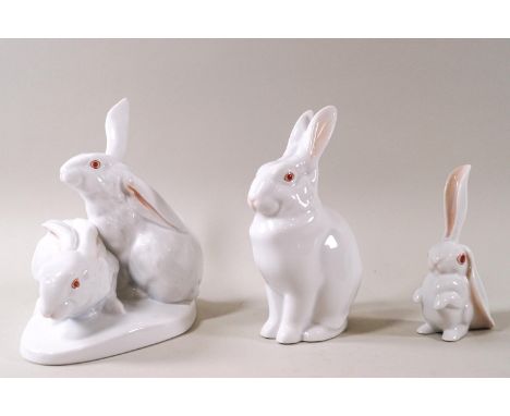 Three Herend figures of rabbits, 14cm and smaller