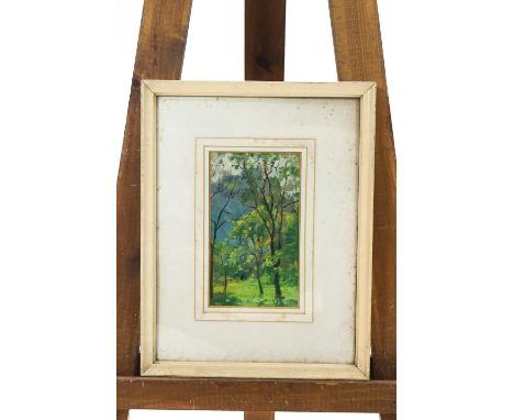 Robert Easton Stuart, Scottish School, wooded landscape, oil on panel, monogrammed RES, 23cm x 13cm