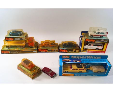 A collection of Dinky bubble back cars, Police Range Rover 254, Ford Escort 168, Ford Capri Rally Car 213, Volkswagen 1300 Se