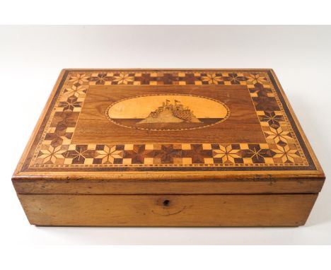 A 19th century Neapolitan ware style work box, the lid with inlaid geometric border to a marquetry panel, depicting a fort, t