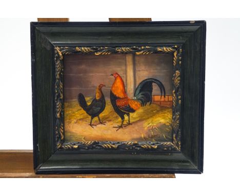 20th century school, chickens, oil on panel, 15cm x19cm