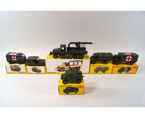 A Dinky military ambulance No 626, a Field Artillery tractor No 688, an Ambulance Militaire Tenault Carrier No 807, a Camion 