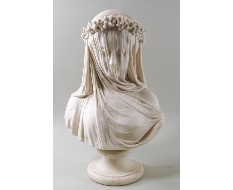 A Parian bust of The Veiled Bride, bearing signature R Monti and dated 1861, Crystal Palace Art Union, on socle base, 38cm hi