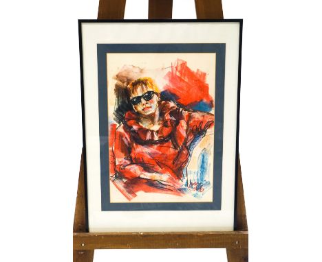 Jackie Cobb, Portrait of a woman wearing sunglasses, pastel, signed lower right, 41cm x 28.5cm