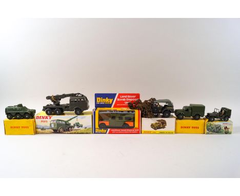 A Dinky Land Rover bomb disposal unit No 604, an Army 1 ton cargo truck No 641, an Armoured Personnel carrier No 676, a Comma