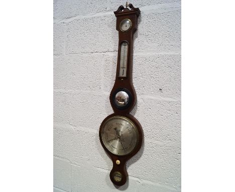 A 19th century mahogany cased barometer by B Mazzuchi, Gloucester, with dry/damp dial, thermometer, convex mirror and spirit 