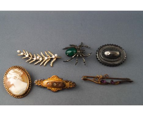 A collection of brooches to include a hallmarked 9ct gold pearl set leaf, a hallmarked 9ct gold cameo, a stamped 9ct rhodolit