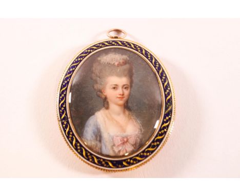 An 18th century portrait of a lady in a blue dress, watercolour on ivory, in a yellow and enamel frame with hair back, inscri