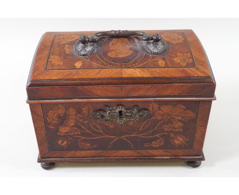 A marquetry tea caddy in the 18th century style, the lid with portrait inlay and carrying handle, the sides and back with tre