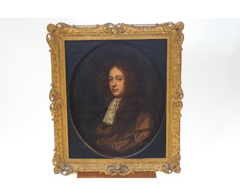 English School, 17th century, Portrait of Sir John Leigh, oil on canvas, oval, 73cm x 59cm, in carved gesso and gilt frame