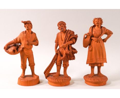 A set of three 19th century Continental terracotta figures, two of fishermen and the third of a woman carrying a water jug, e
