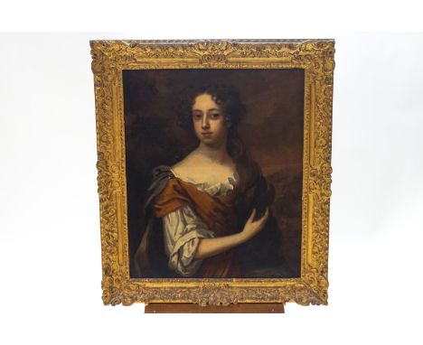 English School, 17th century Portrait of Lady Leigh, 3/4 length, oil on canvas, 76cm high x 63cm wide, in gilt wood frame