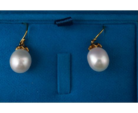 A 9ct and silver gilt pair of drop earrings each set with an oval freshwater pearl and small rose cut diamonds. Hook fittings
