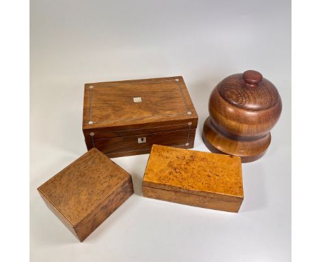 A collection of 3 wooden trinket boxes and a lidded barrel - approx 17cm tall.