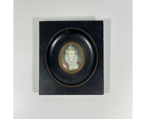 A portrait on ivory entitled verso on coloured paper "Marie Stuart" house in oil ebonised frame.&nbsp; Frame size 12cm x 11cm