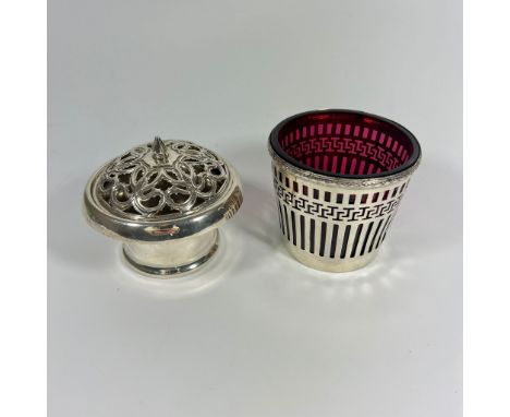 A silver pot pourri lidded bowl. Approx 11cm tall diameter.Approx 8cm tall and a continental 800 silver basket with Ruby glas