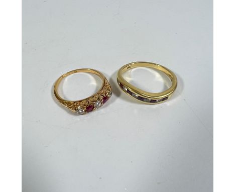 Two 18ct yellow gold rings, a diamond and ruby five stone ring size K and a 10 stone diamond and ruby ring, size J. Total wei