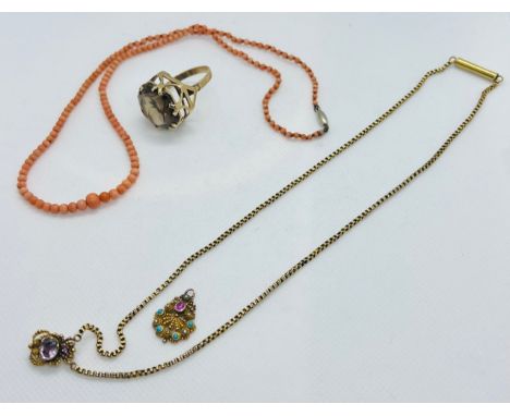 A collection of gem set jewellery. Featuring a yellow metal necklace, featuring bead and wire work in the Indian style, set w