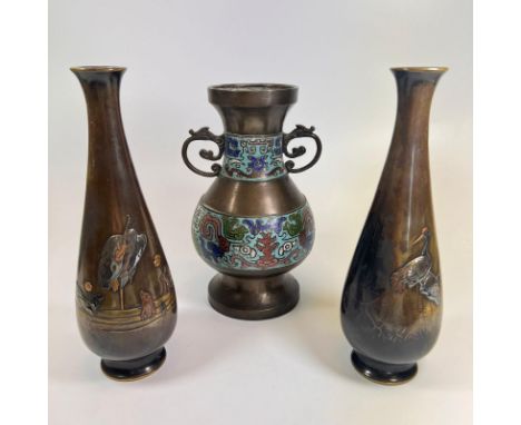 An Oriental dragon handle bronze enamel vase - approx 24cm tall. And a pair of good Japanese bronze bird decorated bottle vas