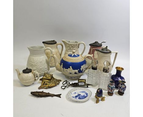 A selection of ceramic and metal items to include: a Bromfield relief moulded jug, Napoleon III crystal toiletry bottles with