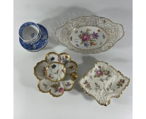 2 Limoge dishes (one chipped), 8 side dishes and a Dresden style pierced dish and 3 spode tea bowls and saucers.