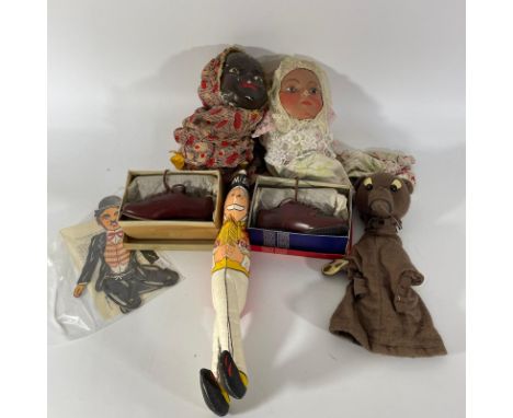 A puppet related collection:
2 x 1830s circa puppet booth dolls, on concertina sping mechanism, with no hands, 1 with hand ot